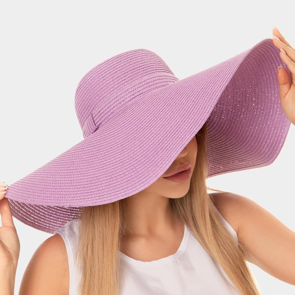Purple Wide Brim Straw Floppy Hat - Picture 1 of 1
